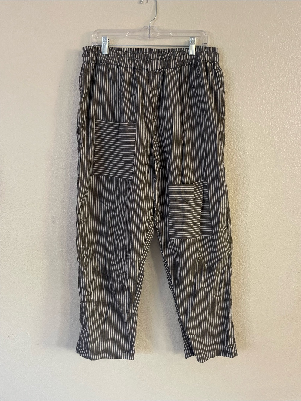 Mordenmiss Striped Linen & Cotton Pants with Accent Pockets